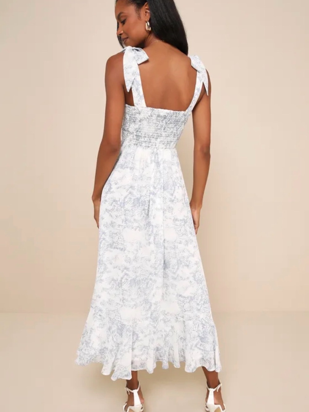 Women's Blue & White Tie-Shoulder Maxi Dress - Picture 6 of 6
